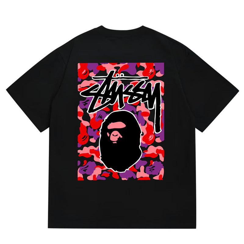 BAPE x Stussy Red Camo Back Print Men's T-Shirt - Gray