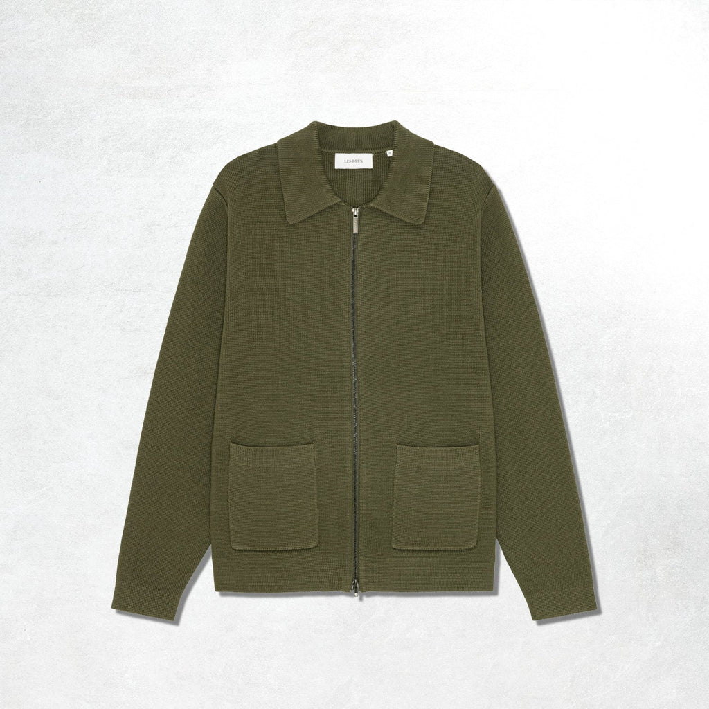 Les Deux Fischer Cotton Milano Zip Overshirt: Olive Night