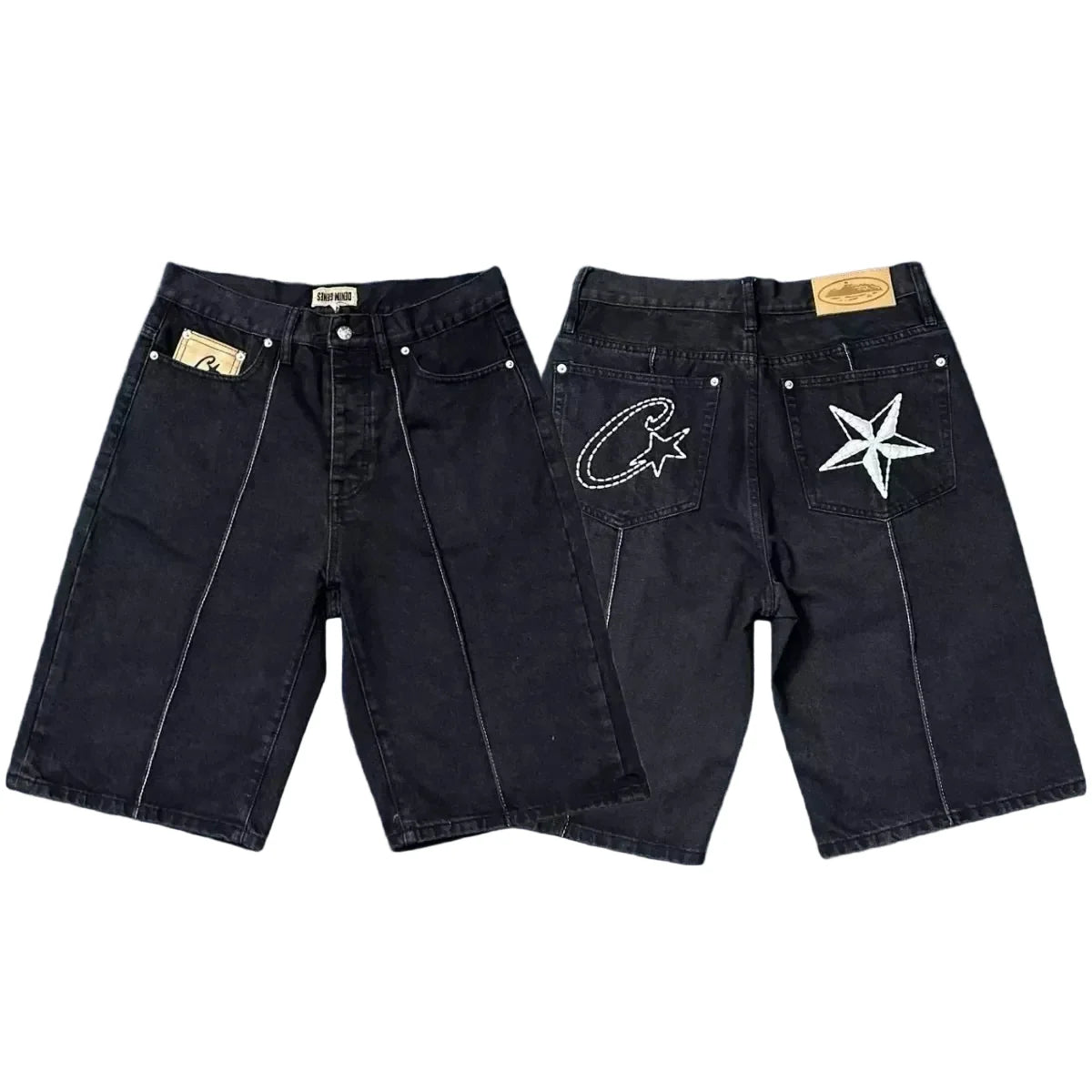 Corteiz Back Star Embroidery Heavyweight Denim Shorts Black