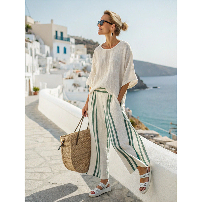 Women Boho Striped Print Round Neck Short Sleeve Wide Leg Beach Set