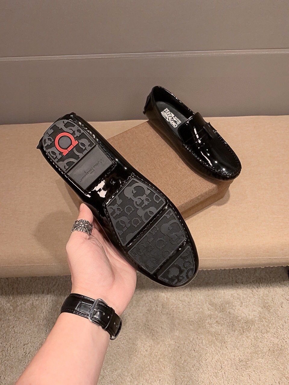 Ferragamo Black Patent Leather Loafers