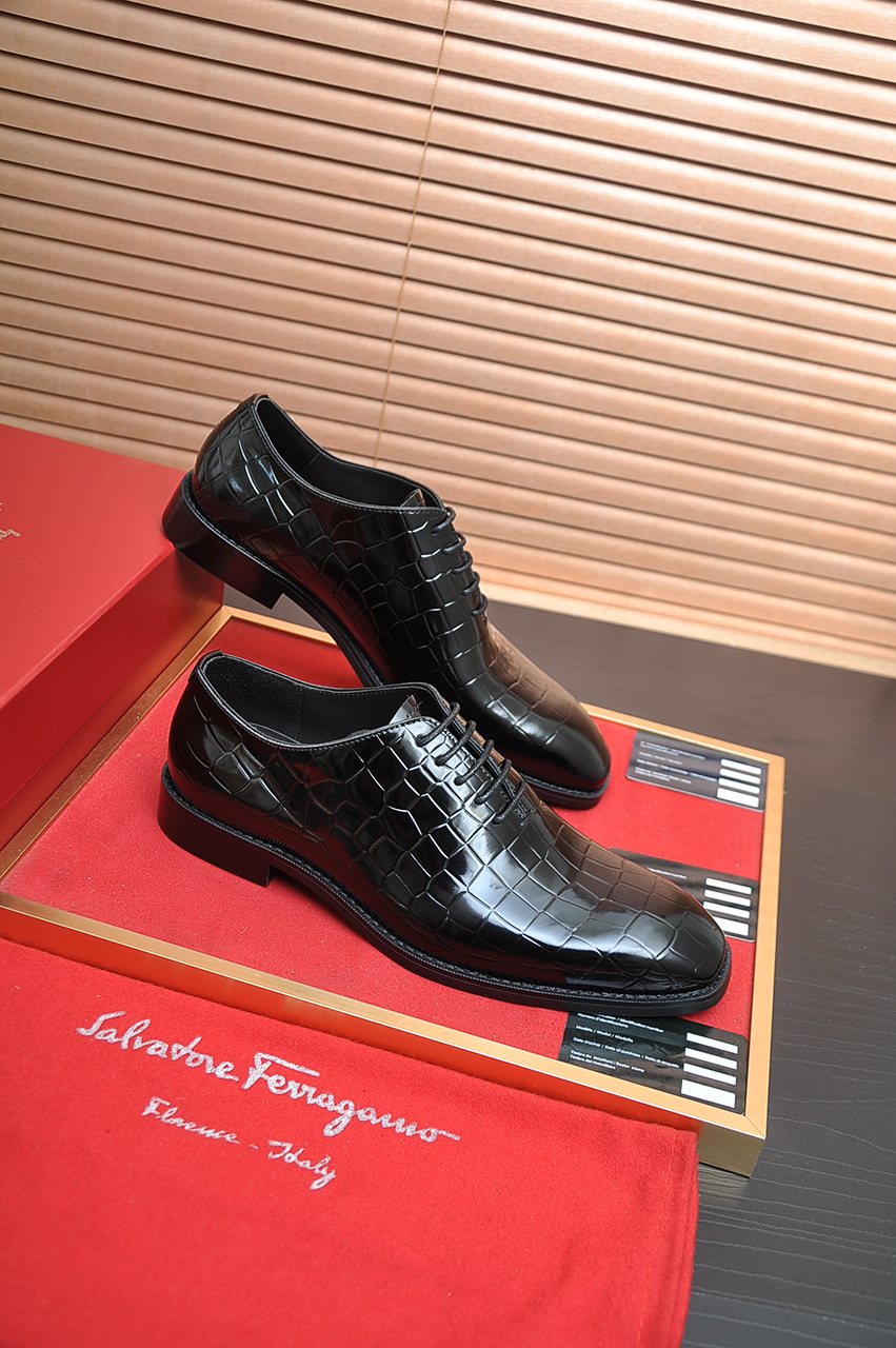 Ferragamo Black Embossed Lace-Up Dress Shoes