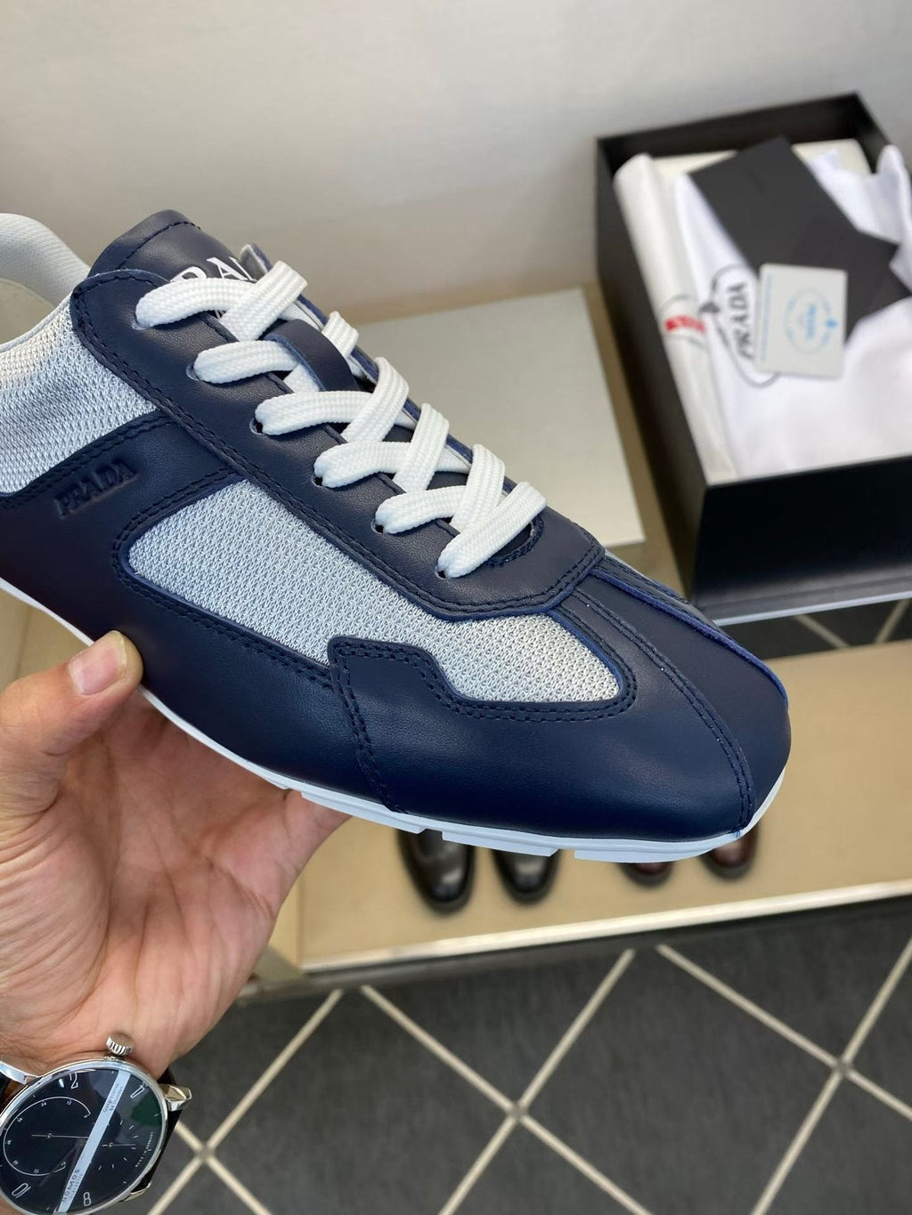 Prada Men's Navy Blue Panel Low-Top Sneakers