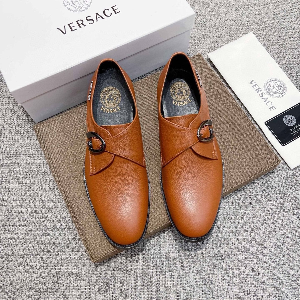 Versace Men's Tan Brown Metal Detail Slip-On Shoes