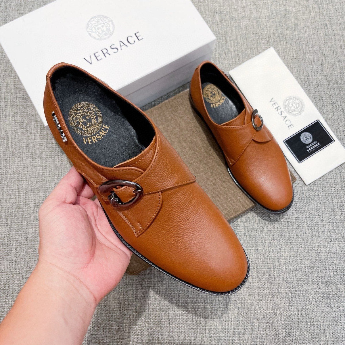 Versace Men's Tan Brown Metal Detail Slip-On Shoes
