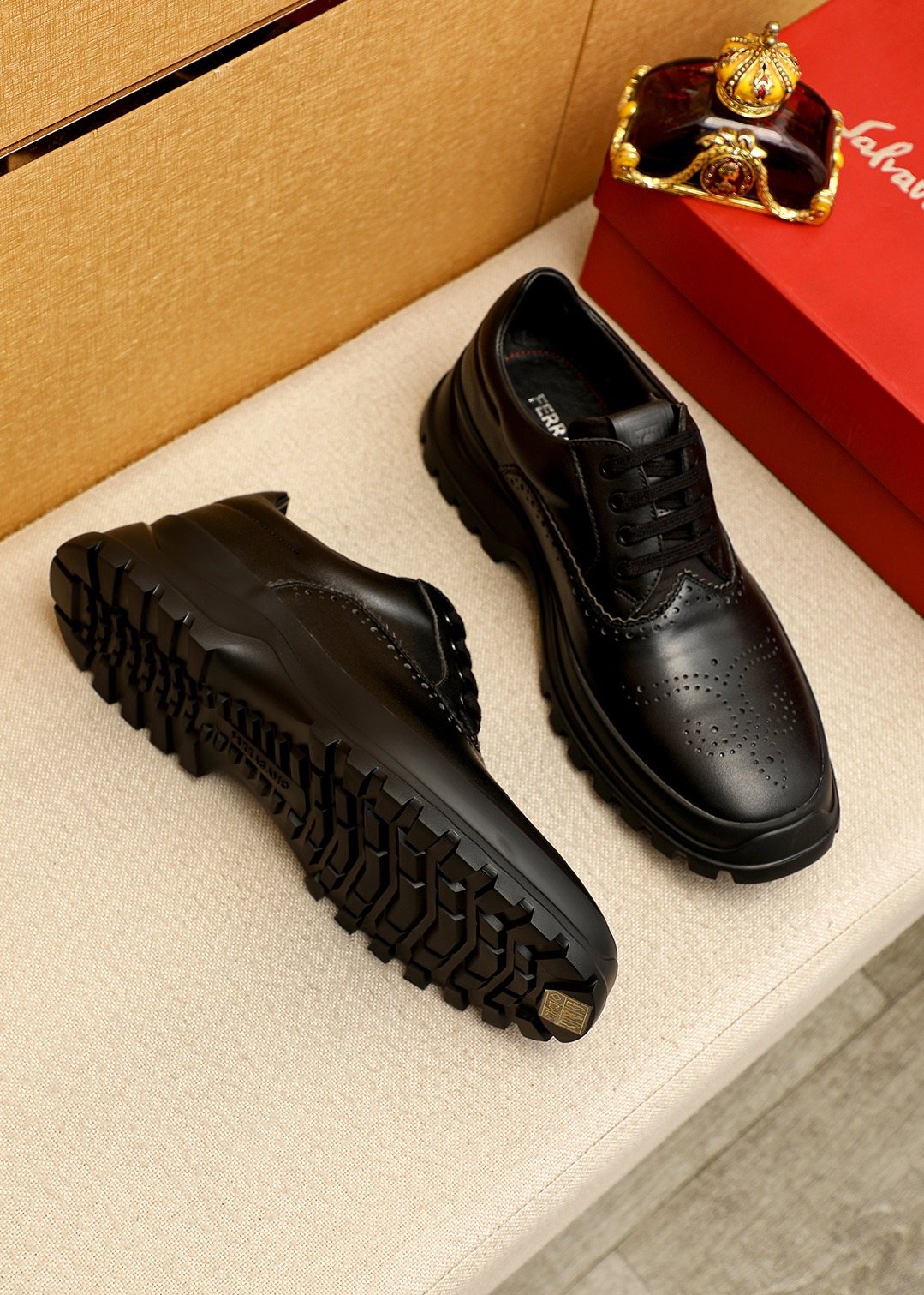 Ferragamo Black Perforated Lace-Up Shoes - Treaded Sole