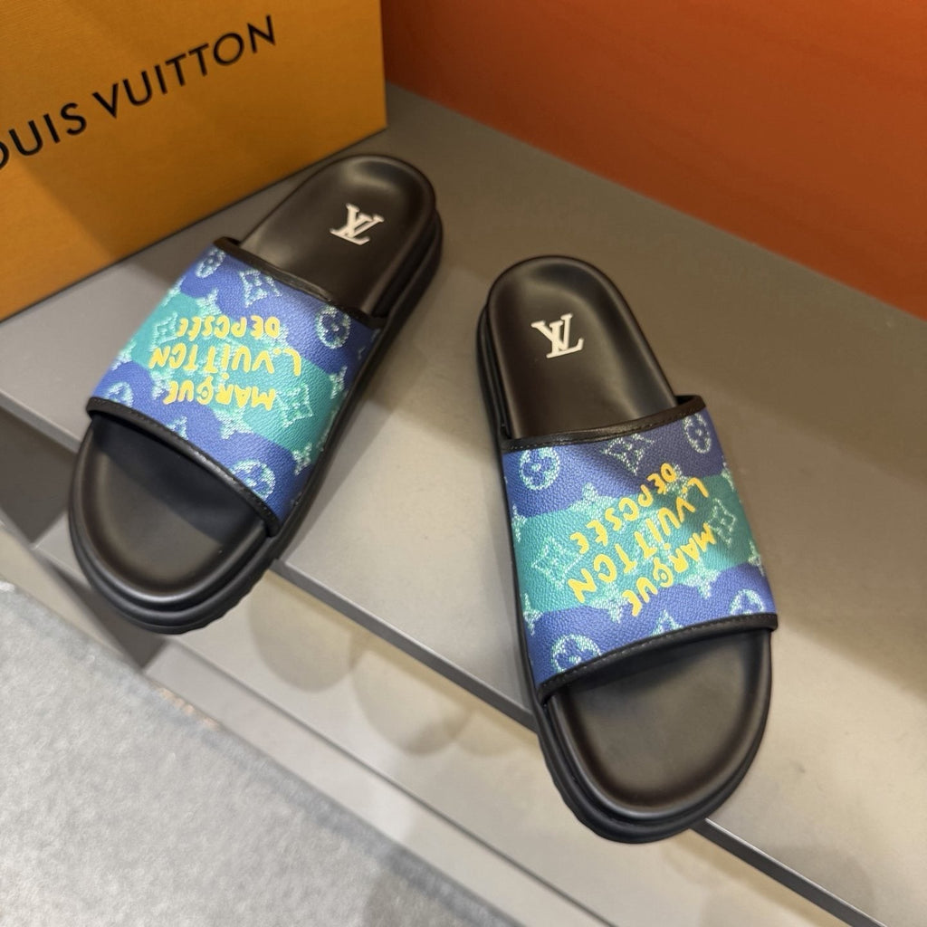 Louis Vuitton Blue Green Patterned Slide Sandals