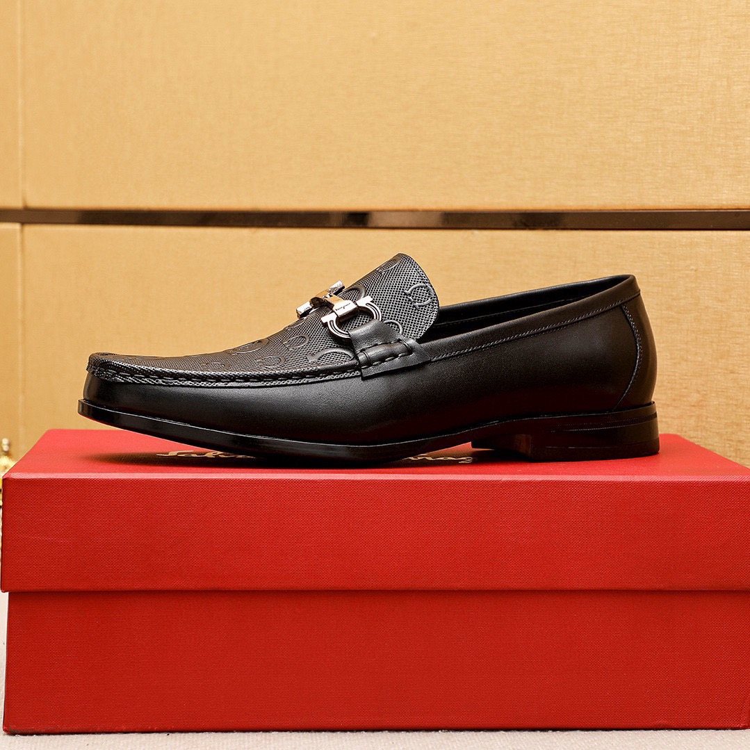 Ferragamo Black Embossed Buckle Loafers - Rubber Outsole